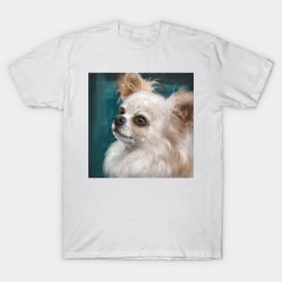 Cute Furry White and Brown Chihuahua on Dark Green Background T-Shirt